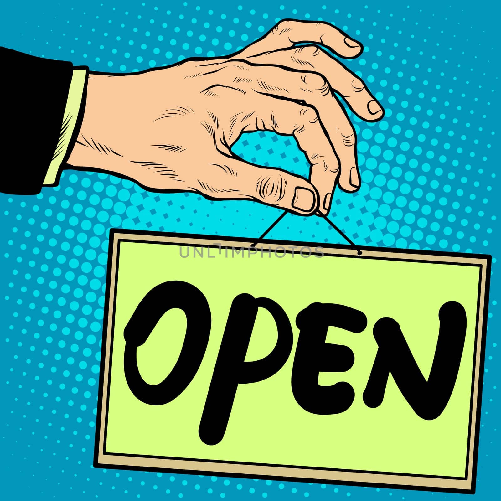 Hand holding a sign open pop art retro style. Advertising signs. Vector business concept