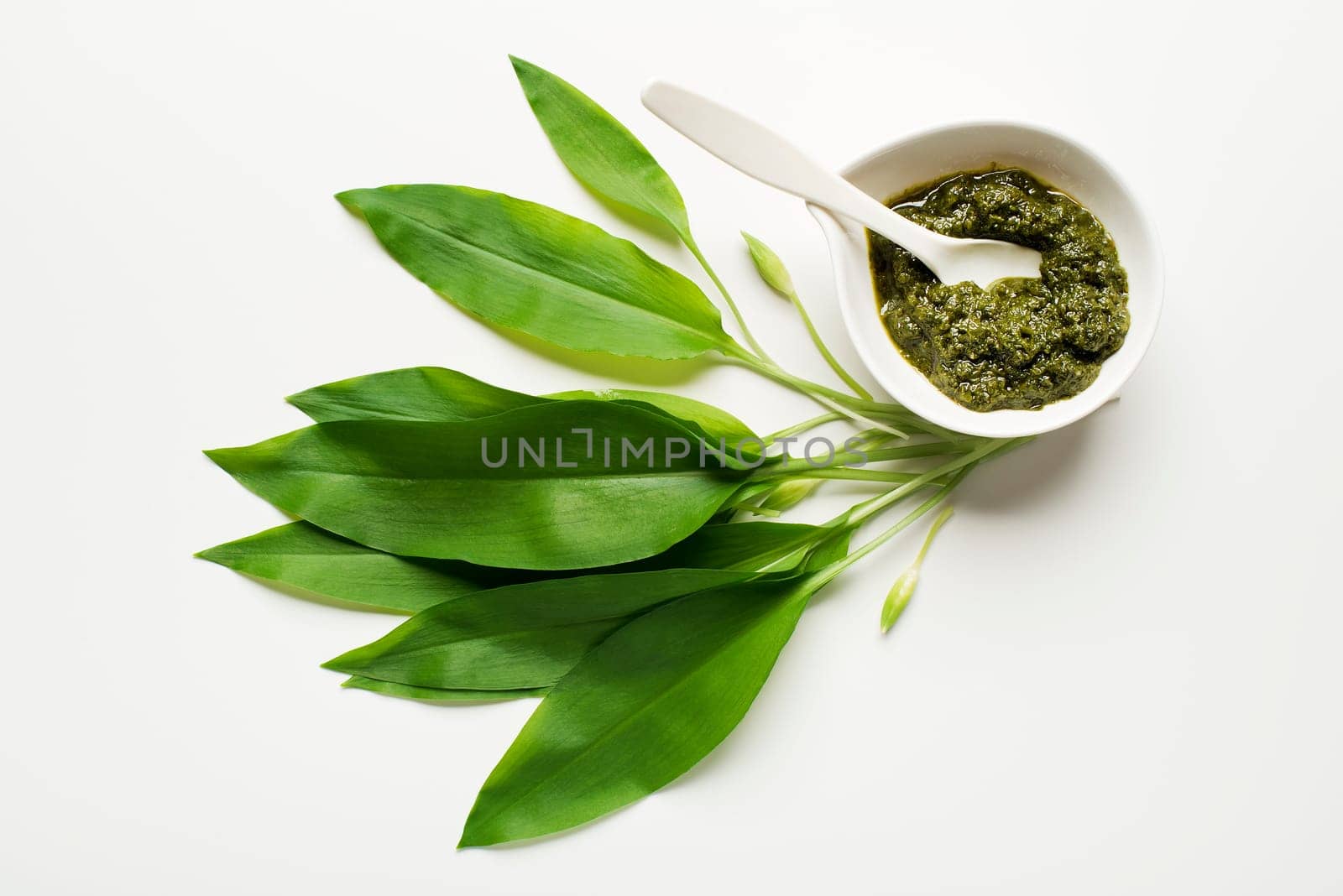 Wild garlic leafs and pesto on white background overhead shoot