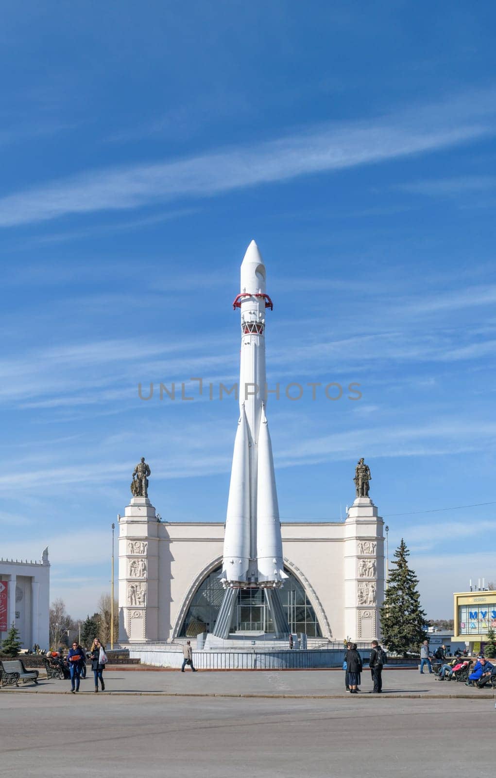 Moscow, Russia - March 29, 2016: Model Rocket Gagarin near the pavilion "Space"" at The Exhibition of Achievements of National Economy (VDNH). Front view"