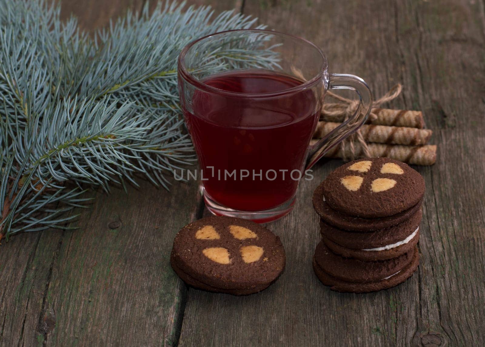 beautiful still life fir-tree branch and drink