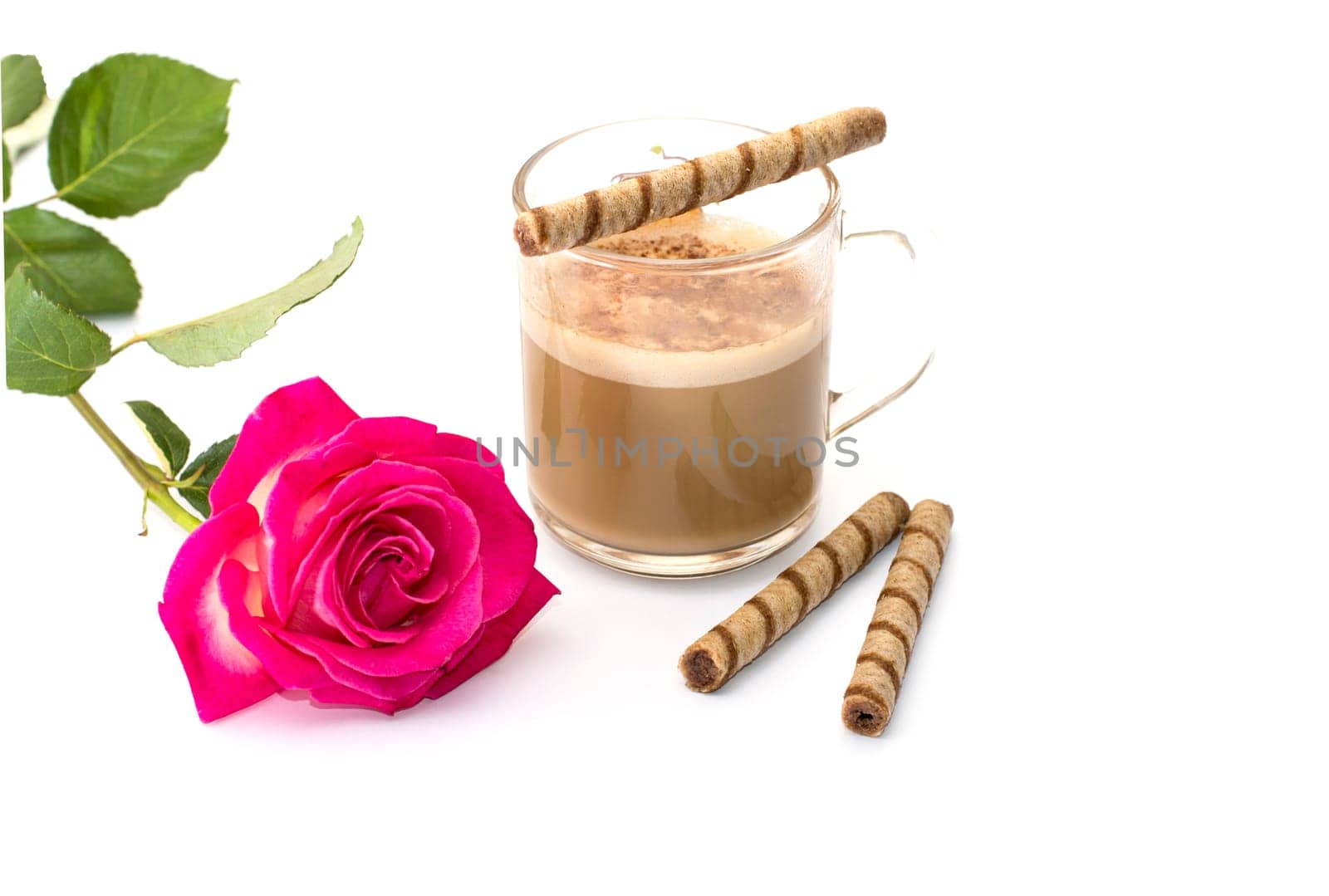 beautiful scarlet rose and cappuccino with tubular cookies