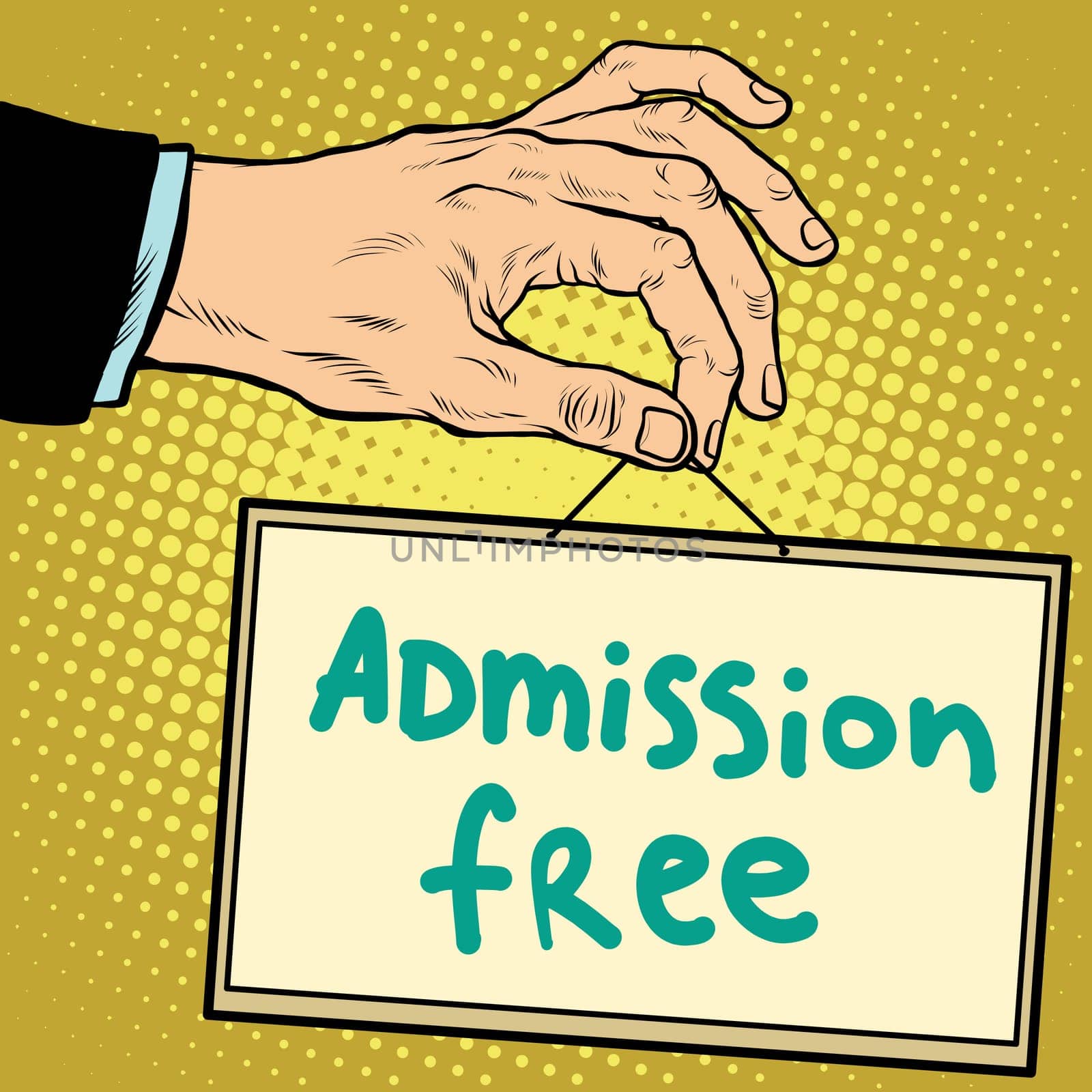 Hand sign admission free pop art retro style. Lettering plate name text input.