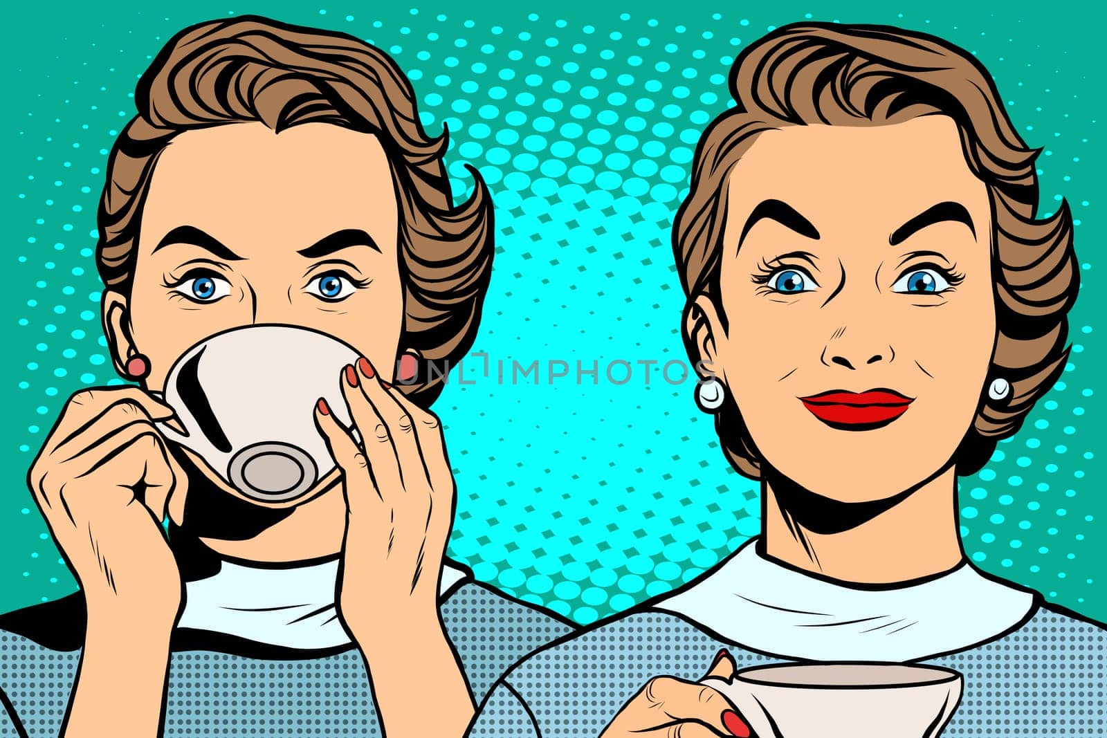 Girl with a Cup of tea or coffee pop art retro style. Hot drinks. Breakfast business woman