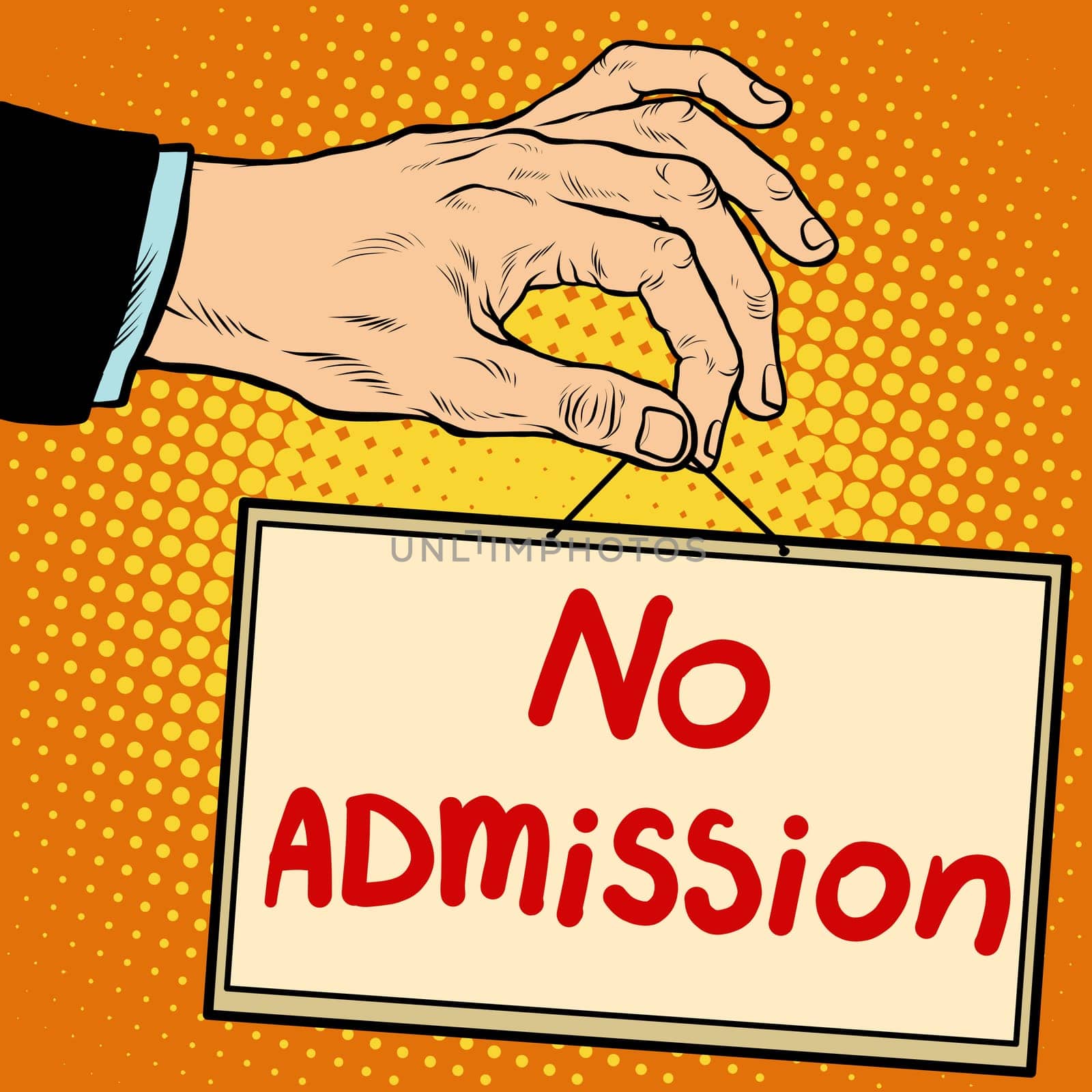 Hand sign no admission pop art retro style. Lettering plate name text input.