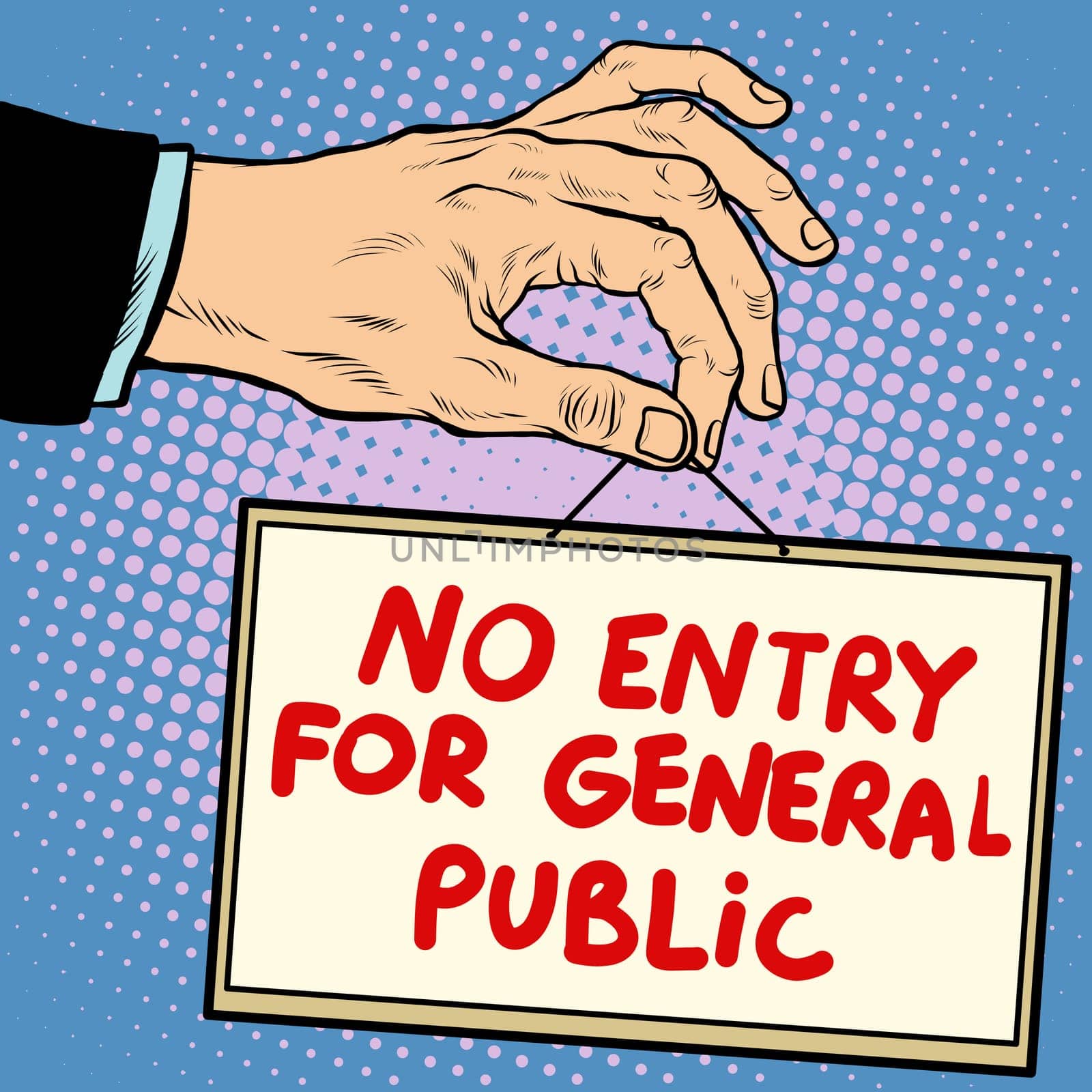 Hand sign no entry for general public pop art retro style. Lettering plate name text input.