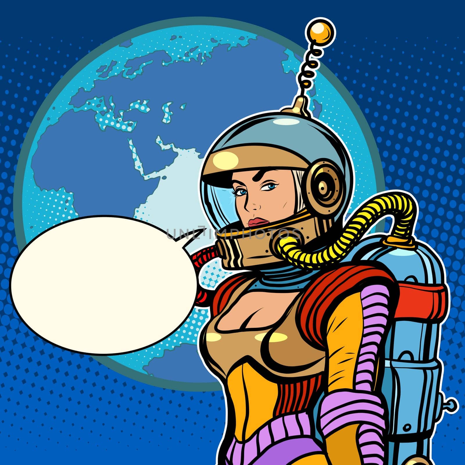 Girl cosmonaut on planet Earth pop art retro style. The pin up girl. Vintage spaceman science fiction.