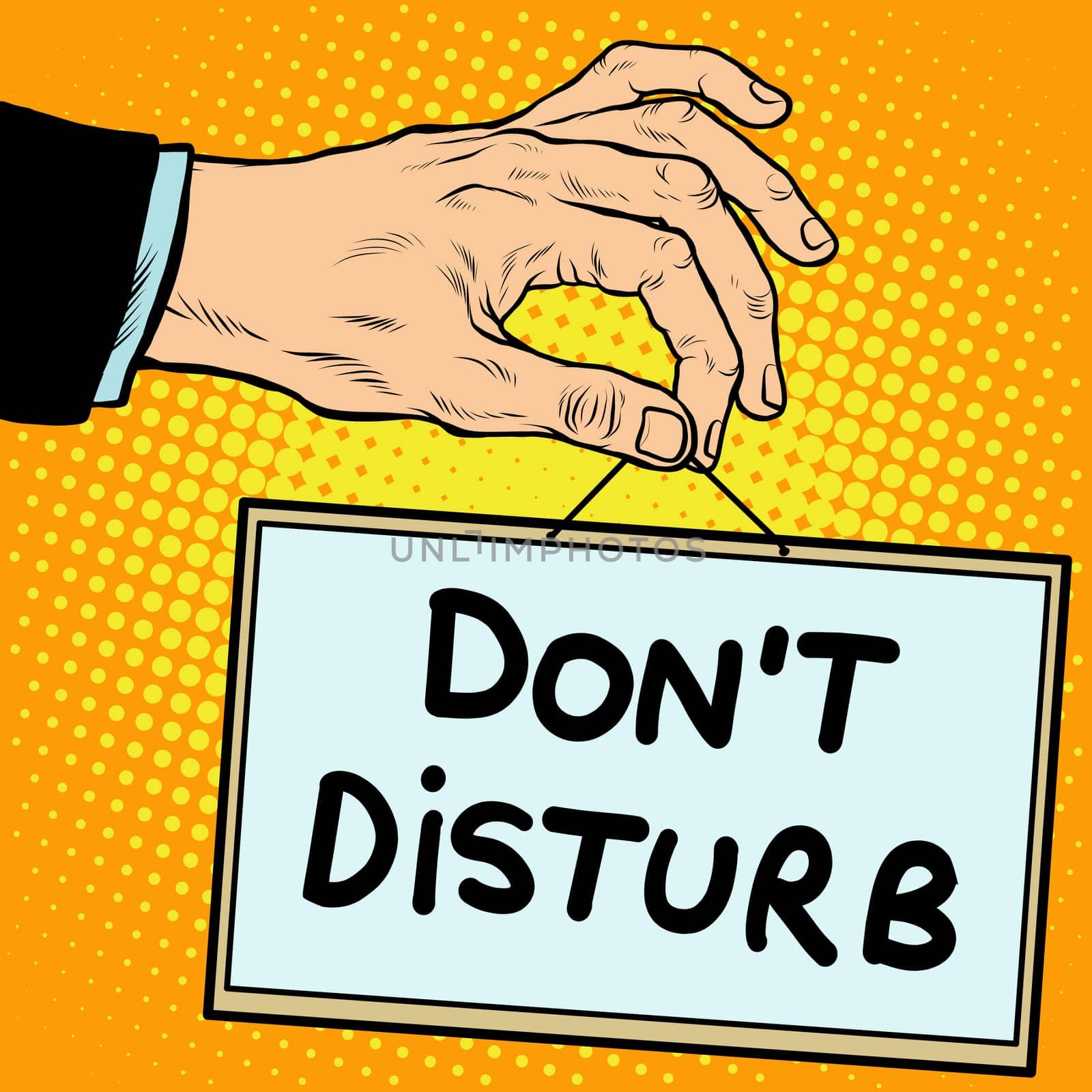 Hand sign do not disturb pop art retro style. Lettering plate name text input.