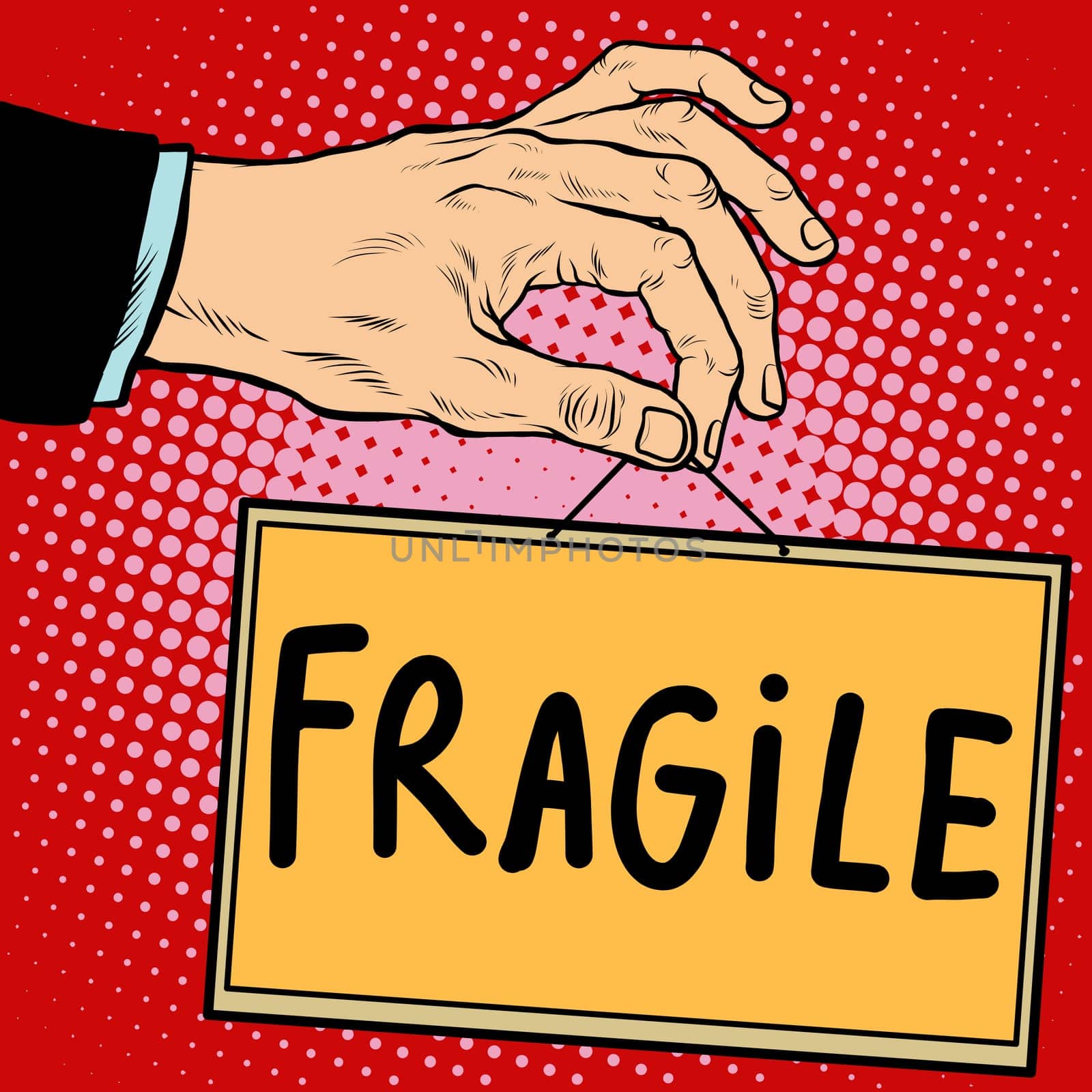 Hand sign fragile pop art retro style. Lettering plate name text input.