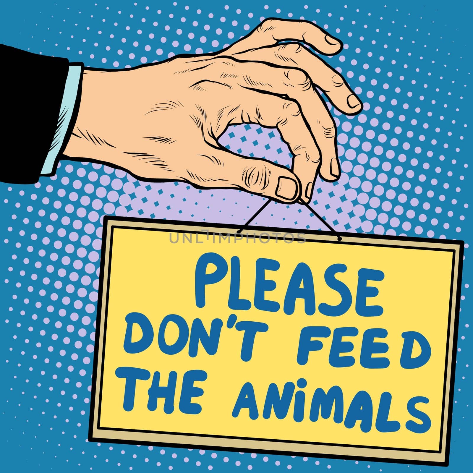 Hand sign please dont feed the animals pop art retro style. Lettering plate name text input.