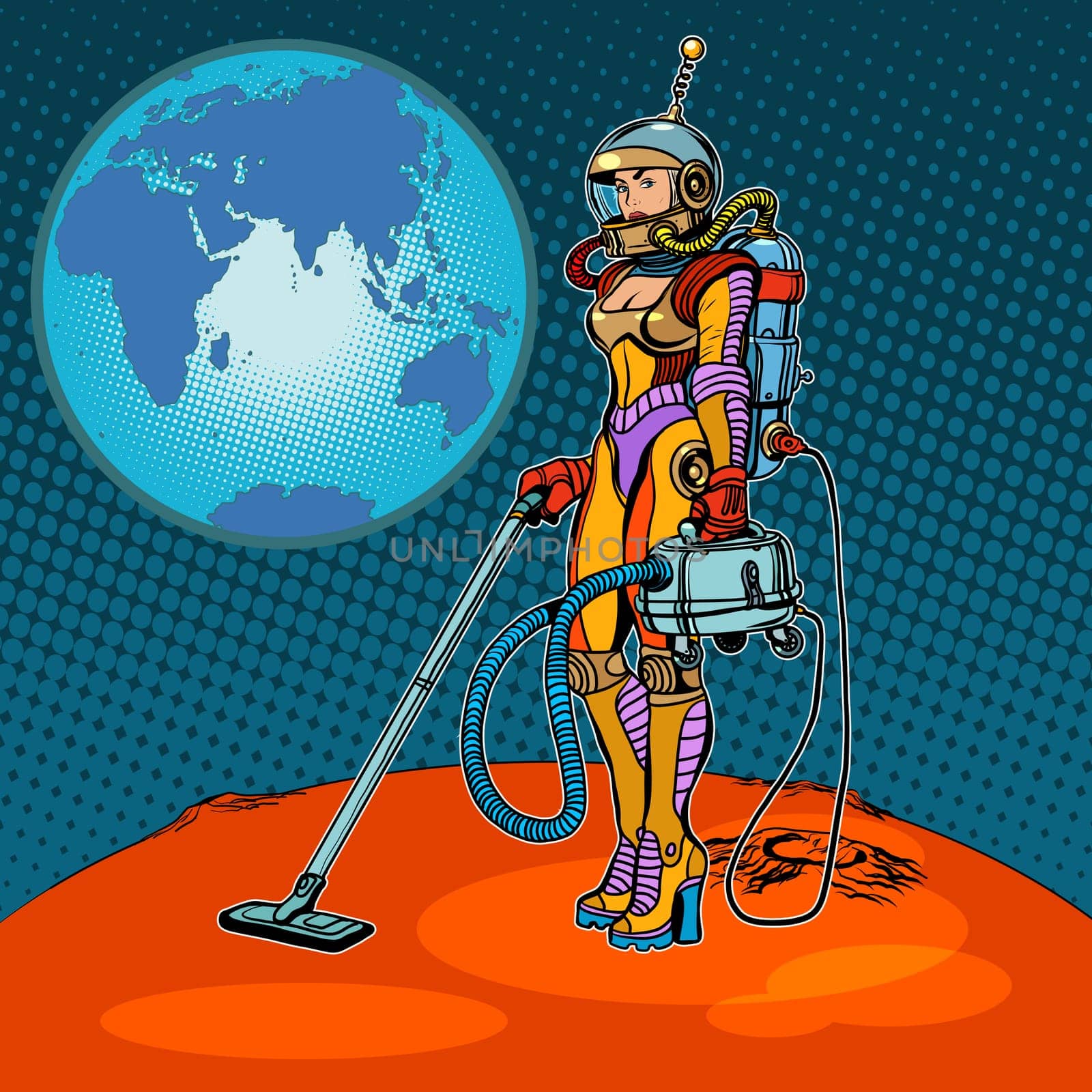 Girl cosmonaut cleaned of Mars pop art retro style. Space exploration and development of Mars. A woman and a vacuum cleaner. Retro Mars vector. Science fiction. Humor. Ecology and waste processing