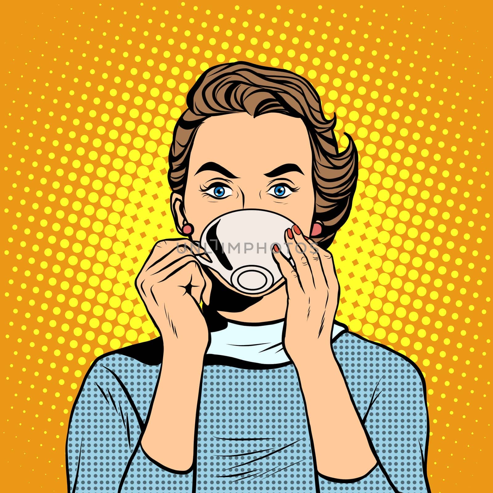Girl with a Cup of tea or coffee pop art retro style. Hot drinks. Breakfast business woman
