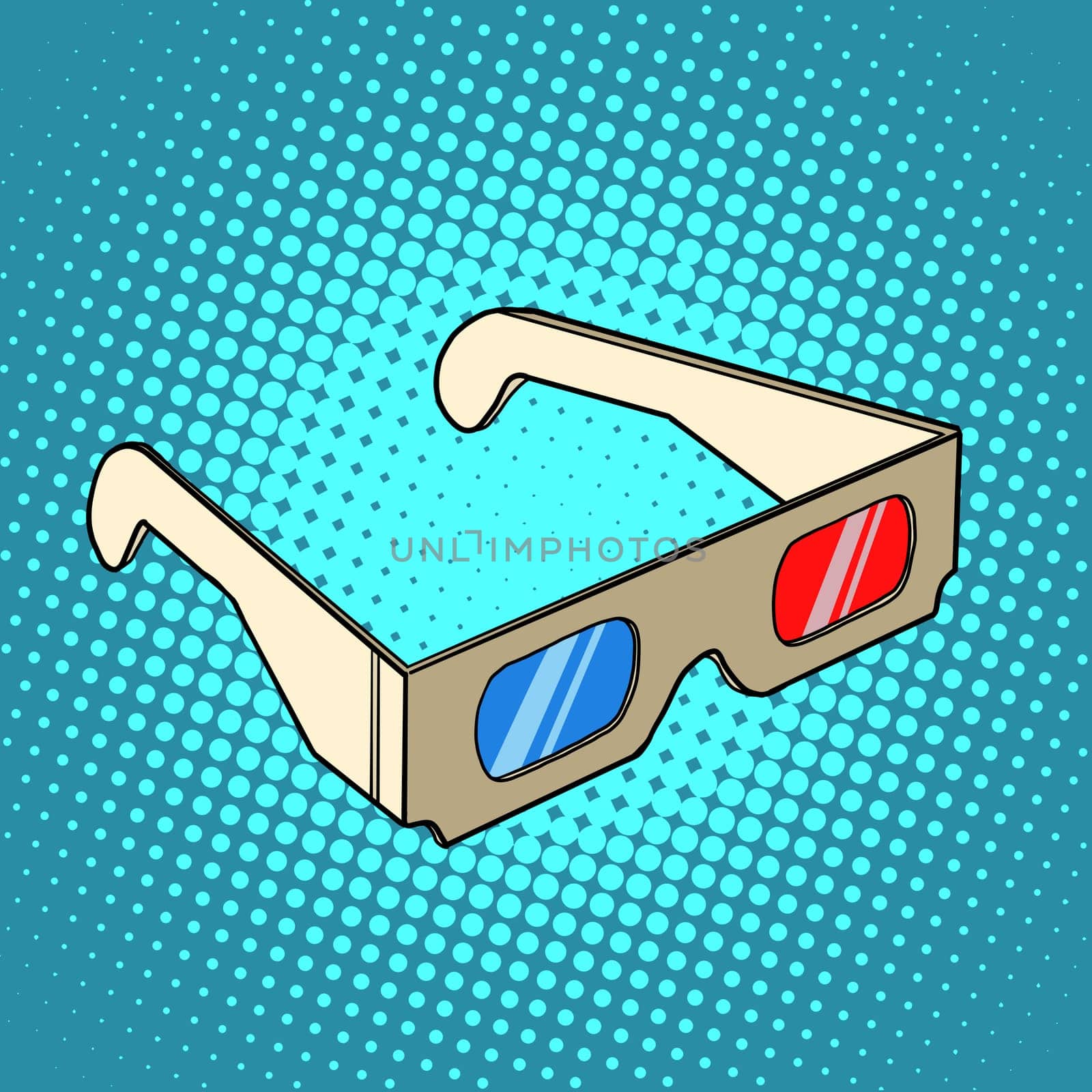 Stereo 3d glasses for cinema pop art retro style. Spectacle and leisure. Cardboard glasses in retro style