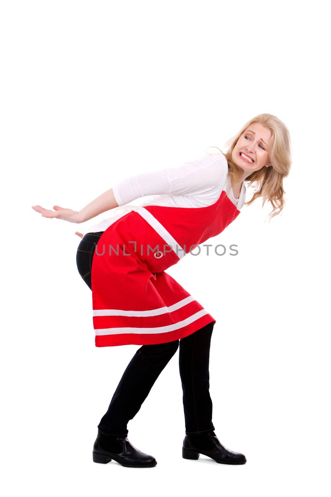 blond woman wearing red apron on white isolated background
