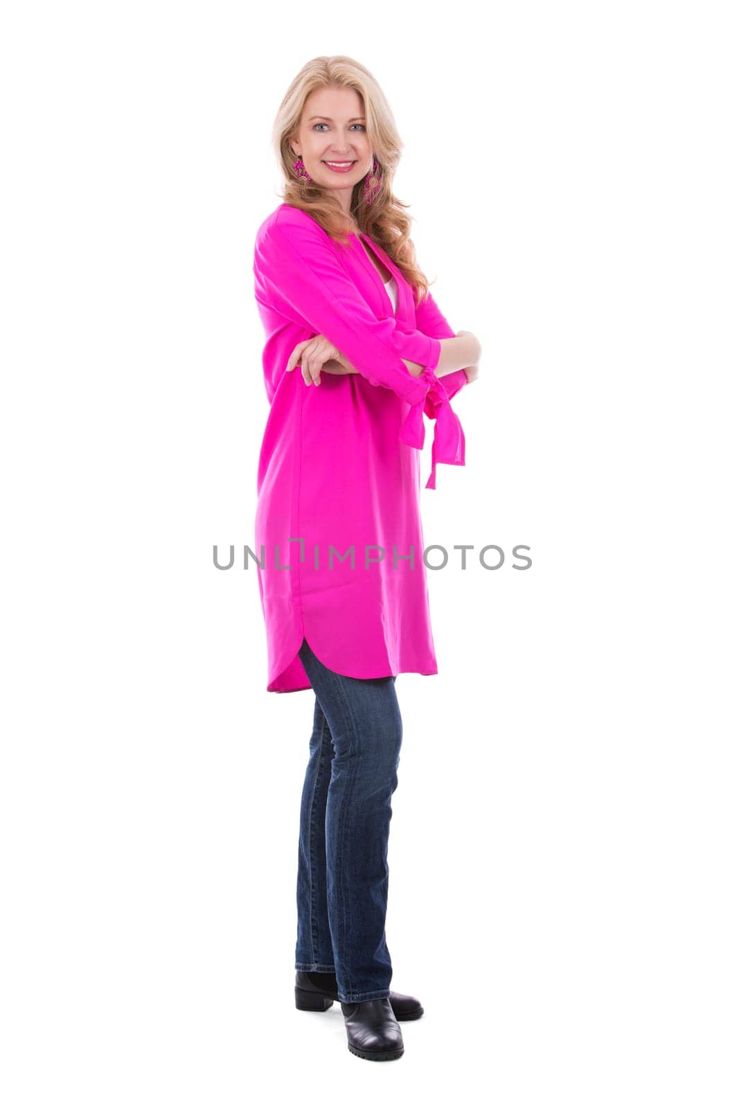 blond woman wearing pink top on white background