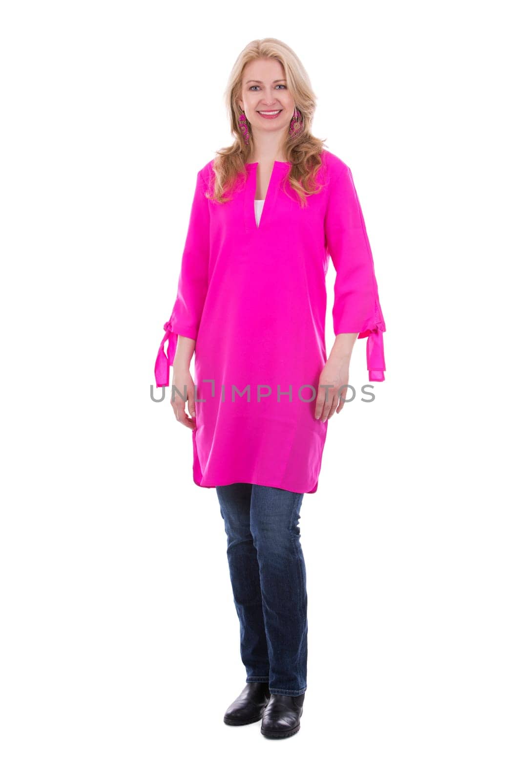 blond woman wearing pink top on white background