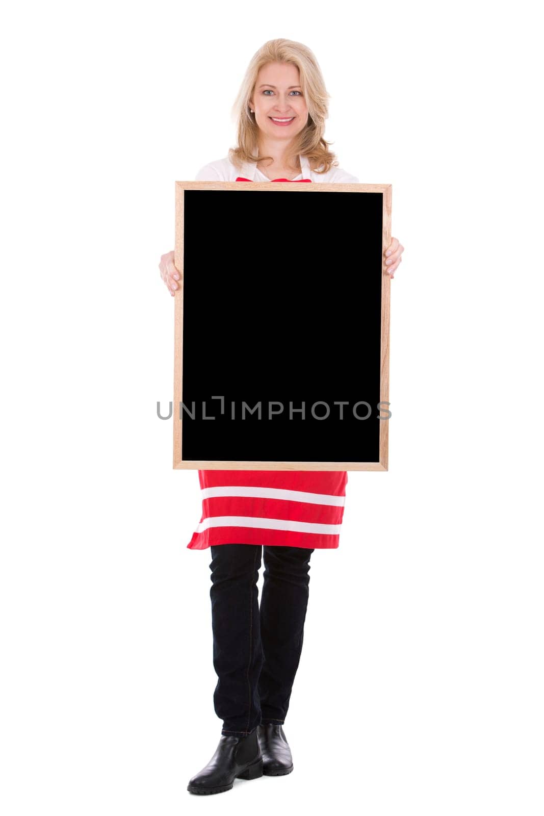 blond woman wearing red apron on white isolated background