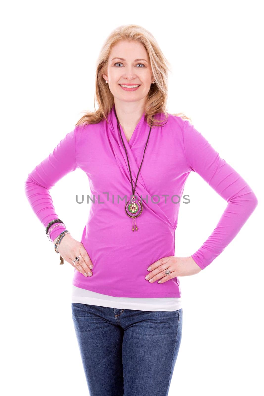 blond woman wearing pink top on white background