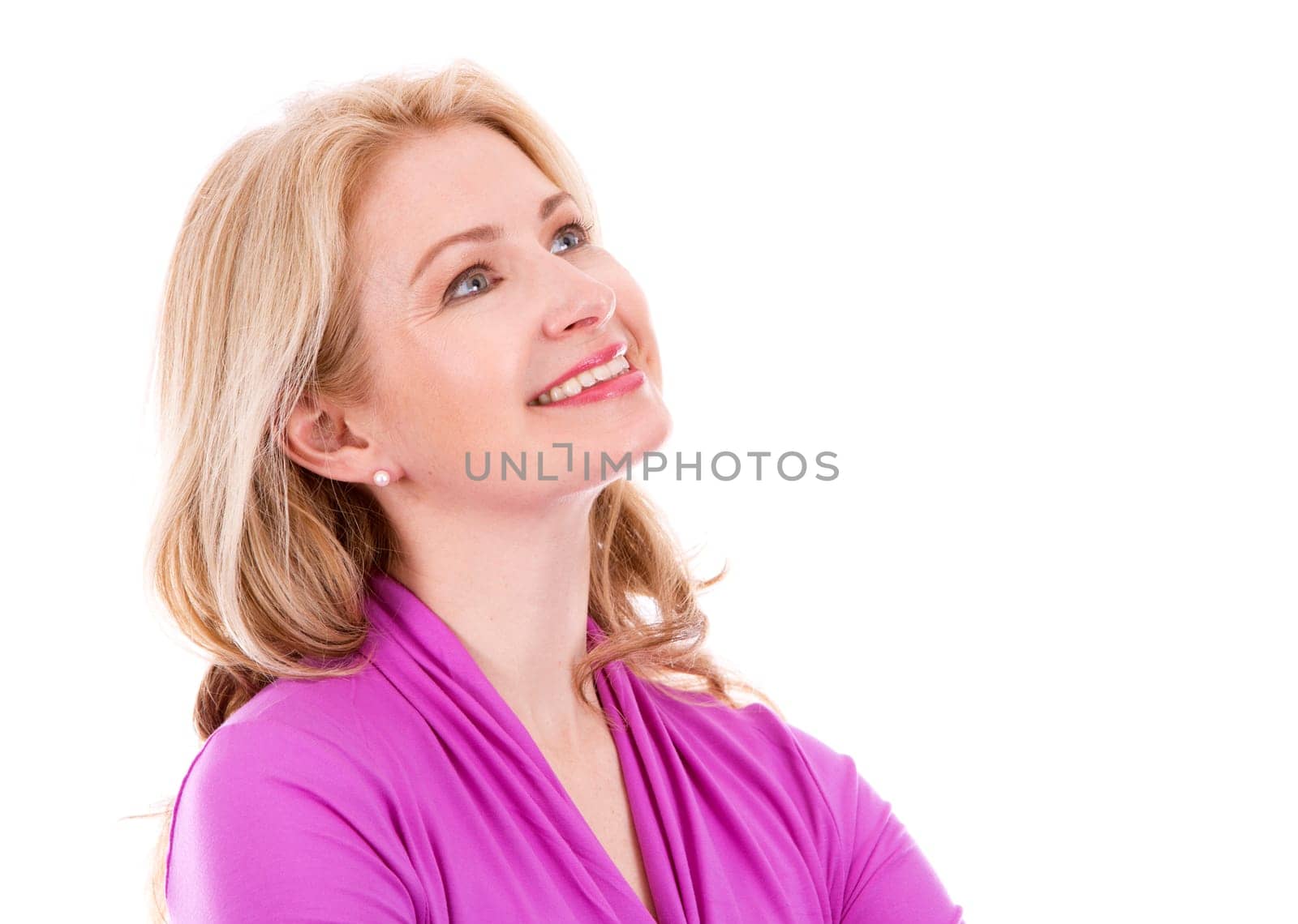 blond woman wearing pink top on white background