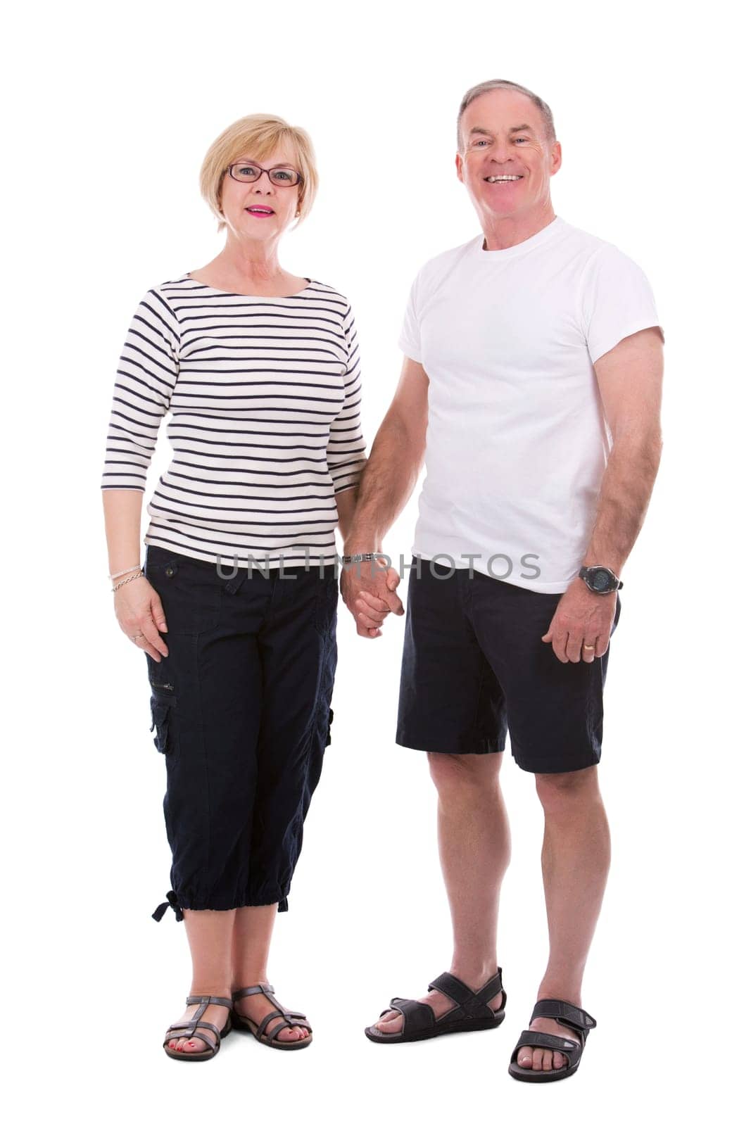 retired couple wearing casual outfits on white isolated background