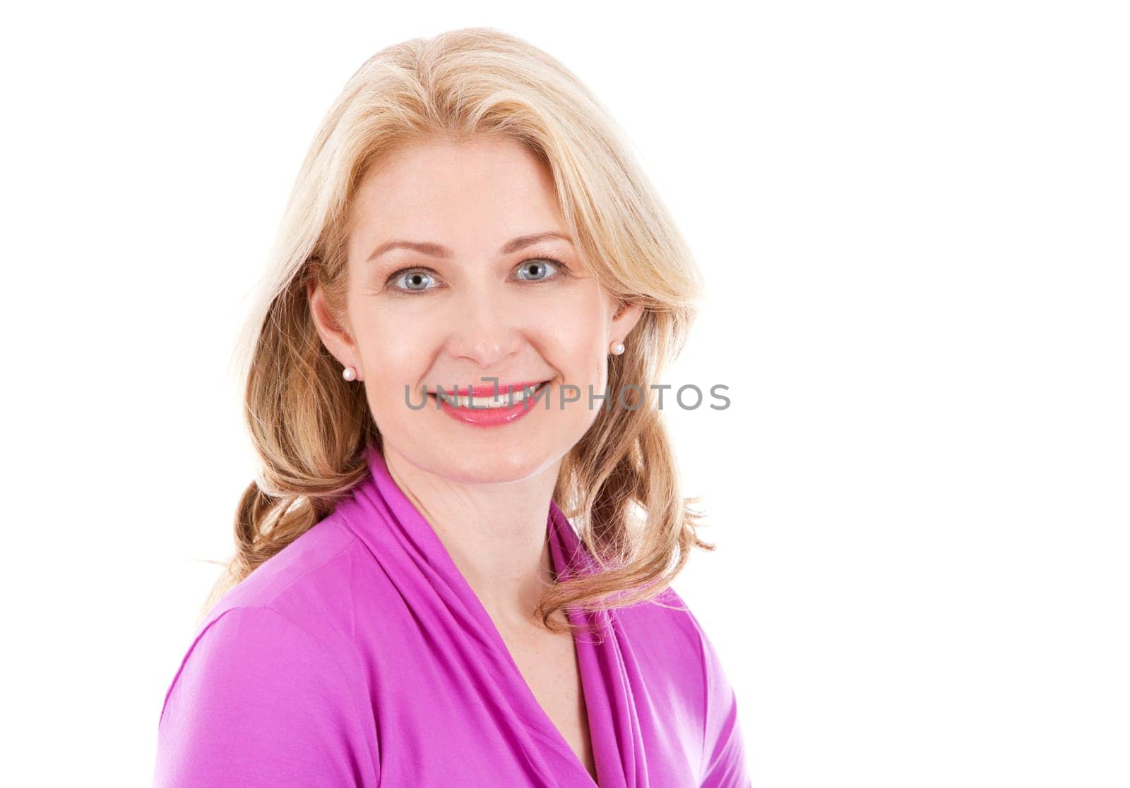 blond woman wearing pink top on white background
