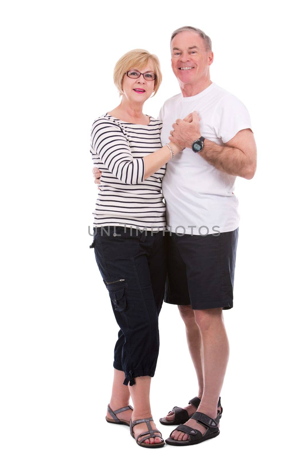 retired couple wearing casual outfits on white isolated background
