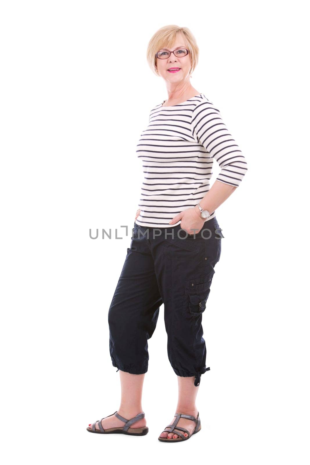 pretty woman wearing summer outfit on white isolated background