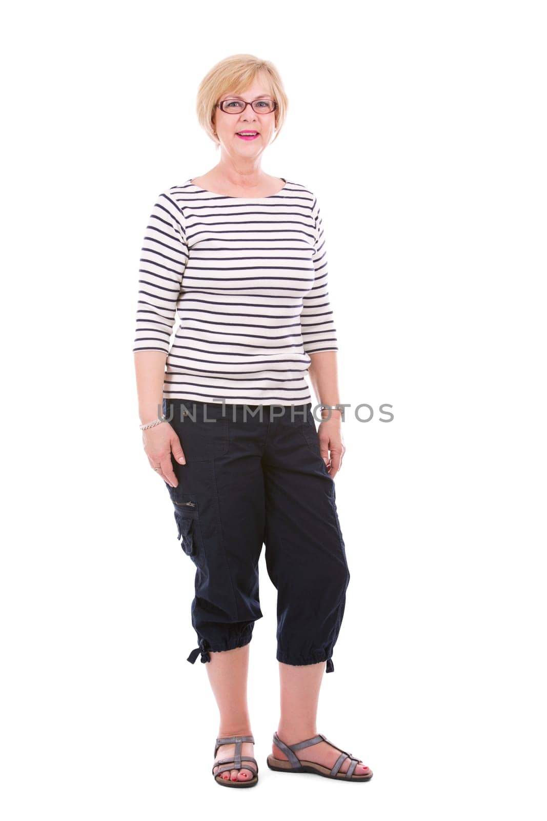 pretty woman wearing summer outfit on white isolated background