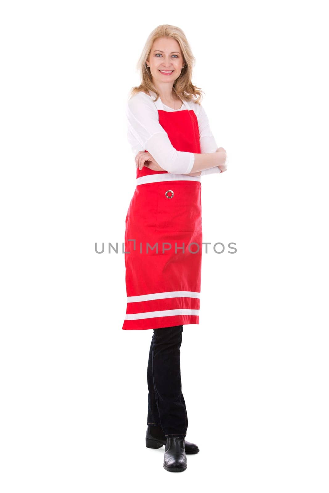 blond woman wearing red apron on white isolated background