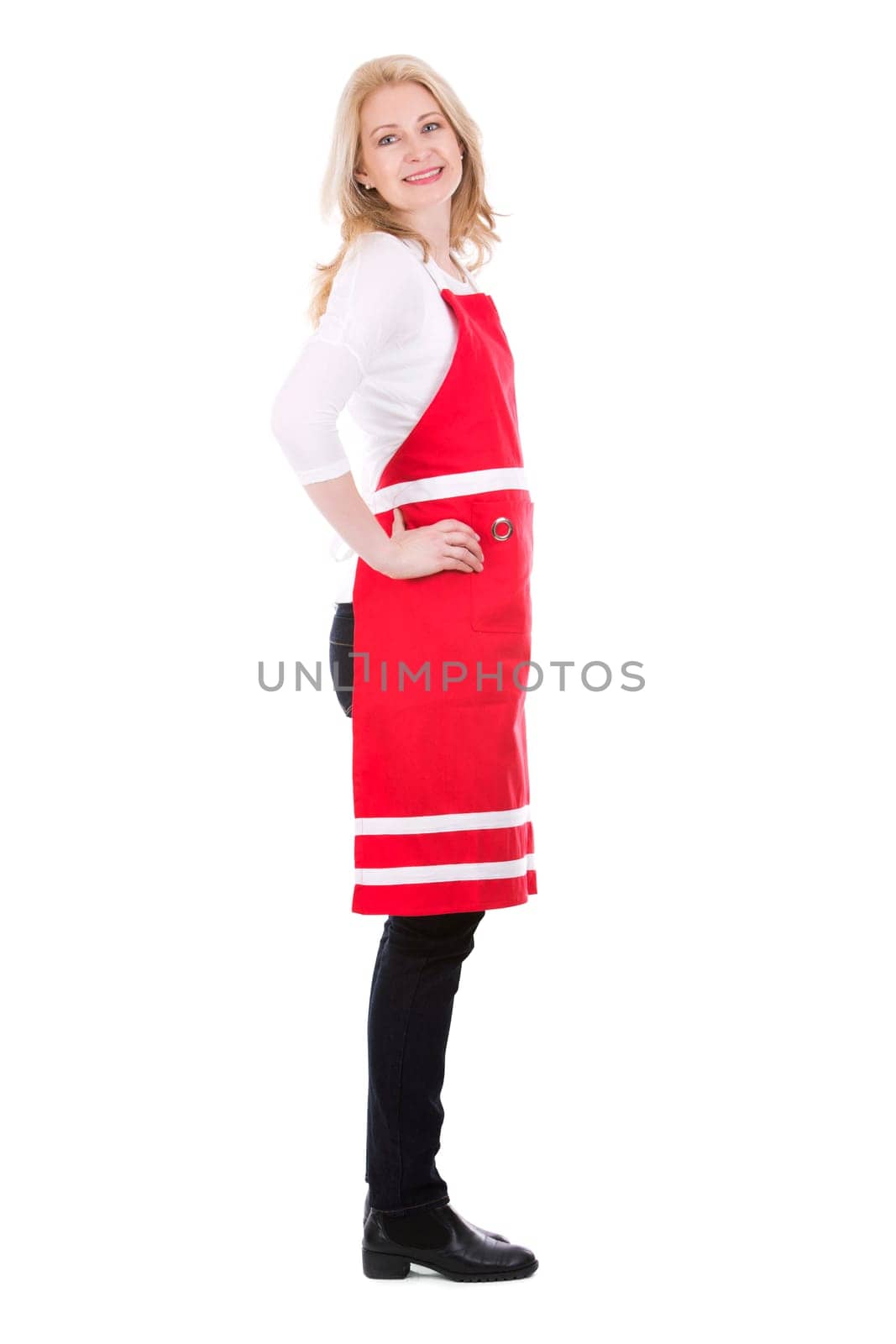 blond woman wearing red apron on white isolated background