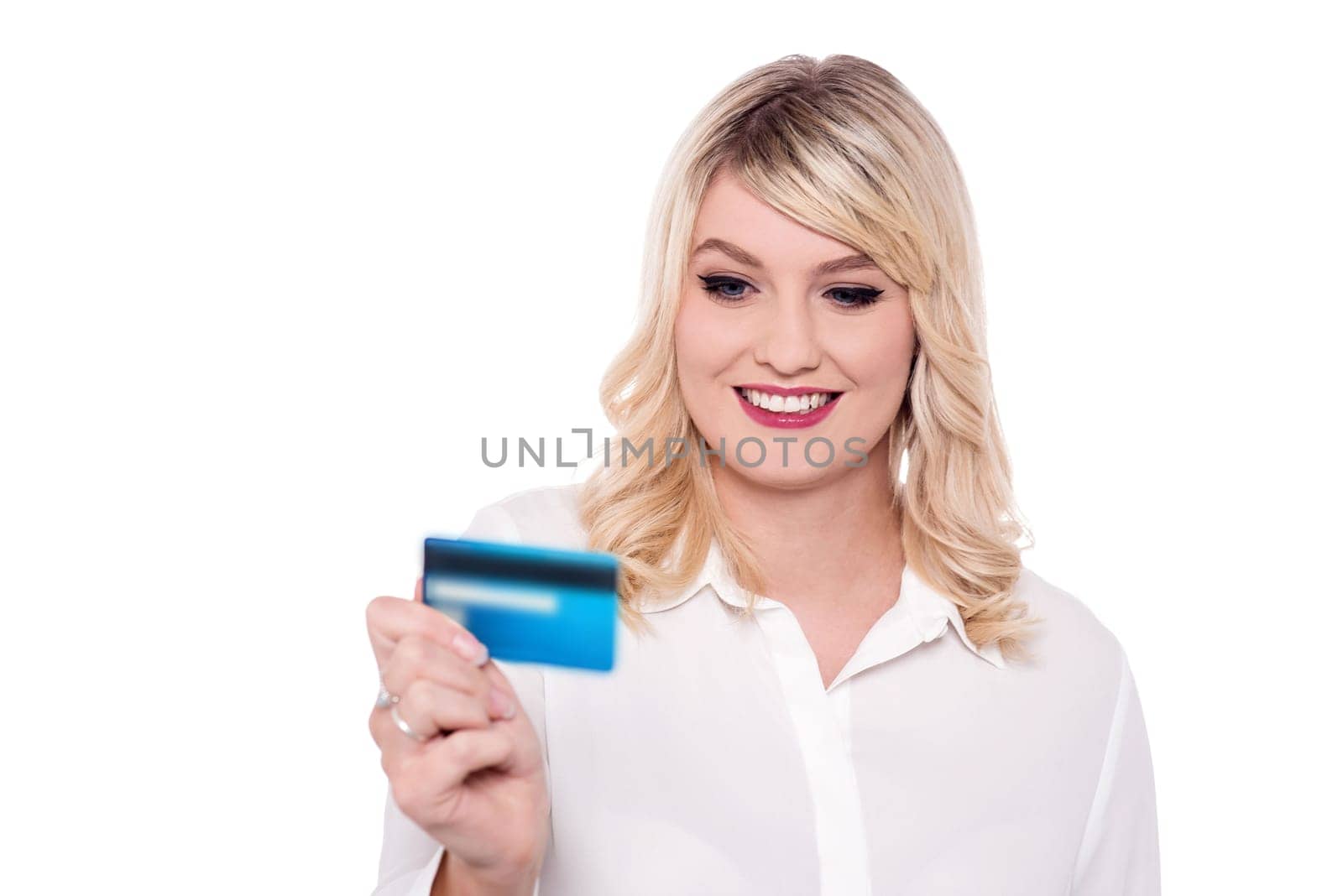 Smart lady looking at debit card