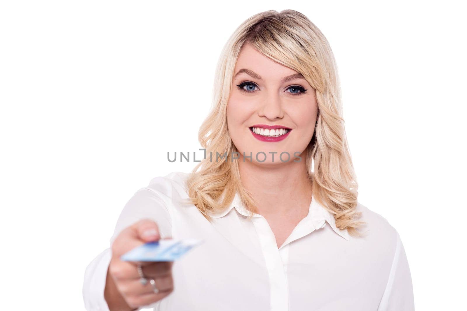 Trendy smiling model offering debit card