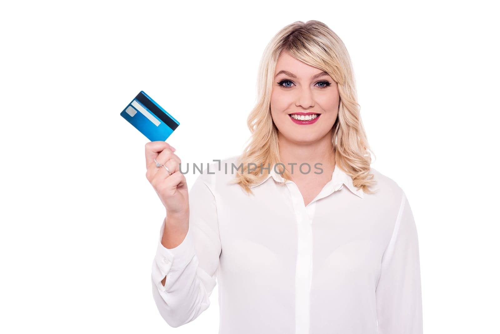 Delightful woman holding atm card