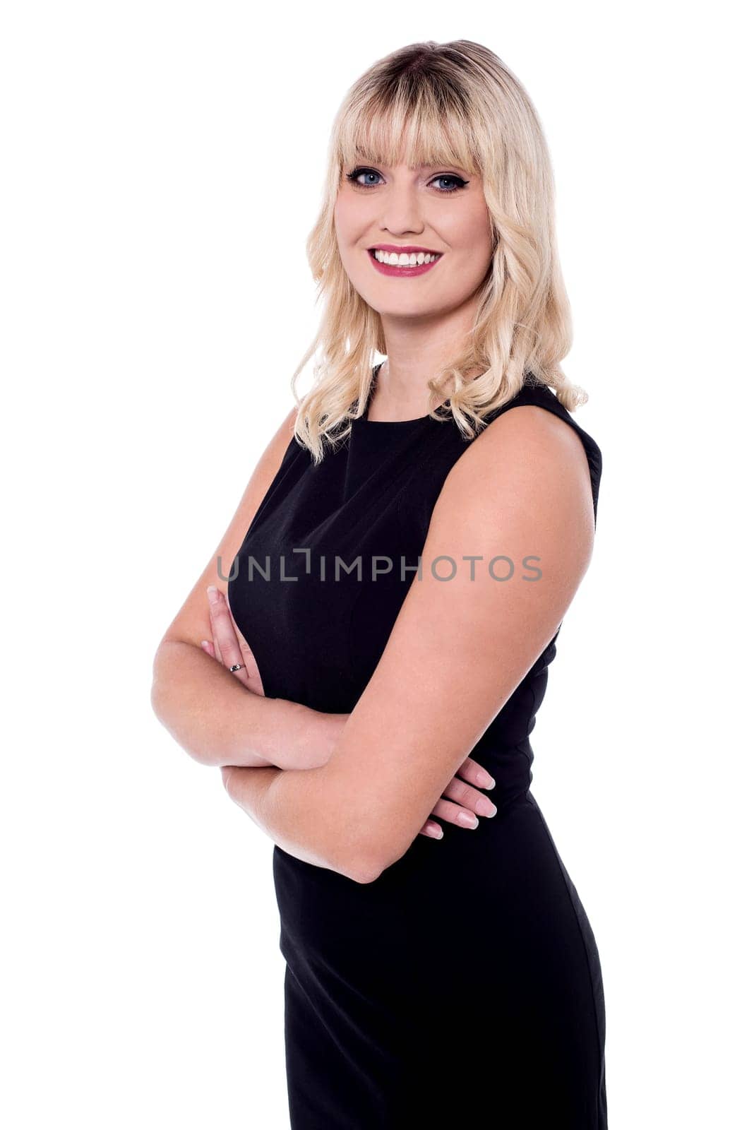 Charming lady in black sleeveless dress
