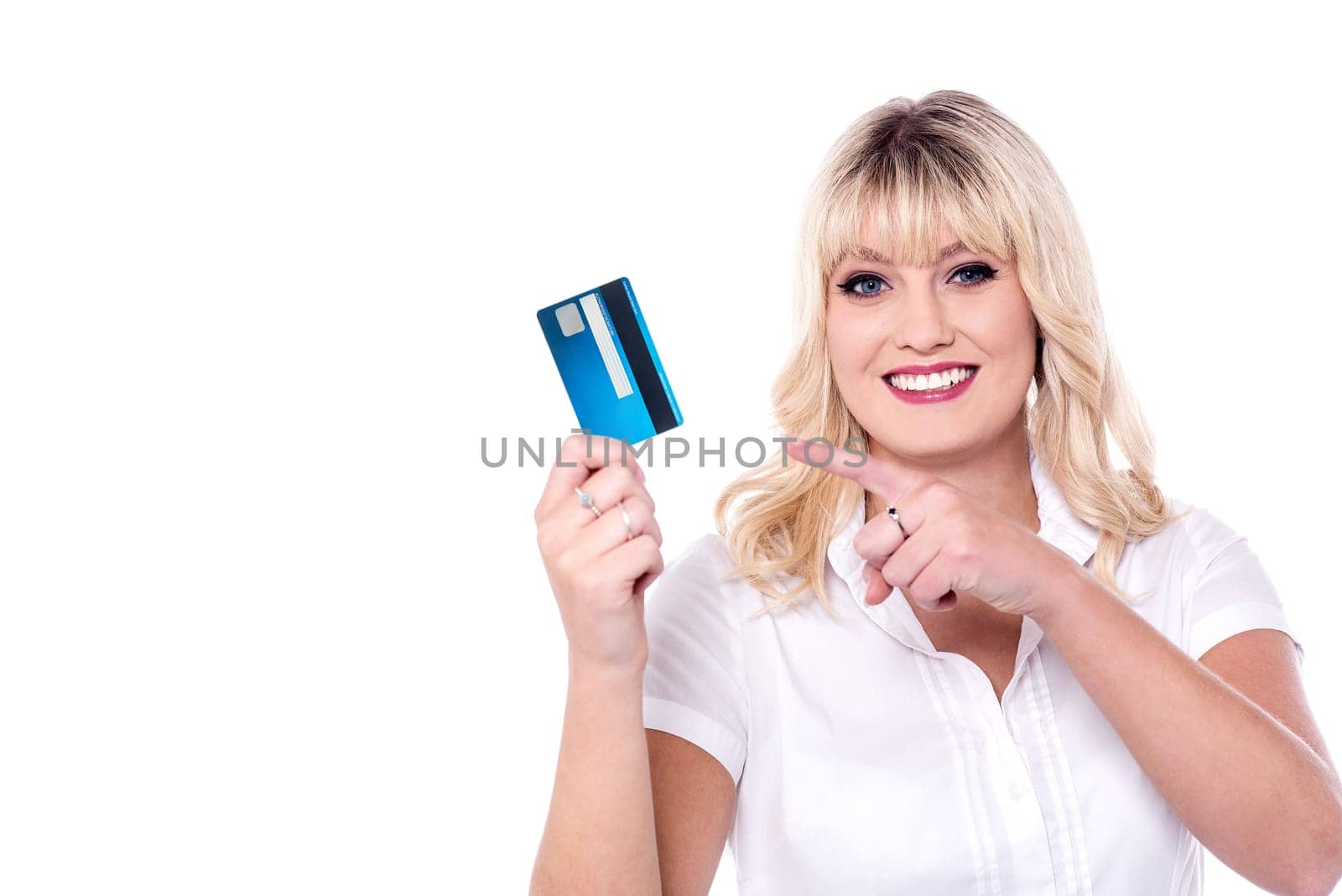 Attractive lady pointing at smart card