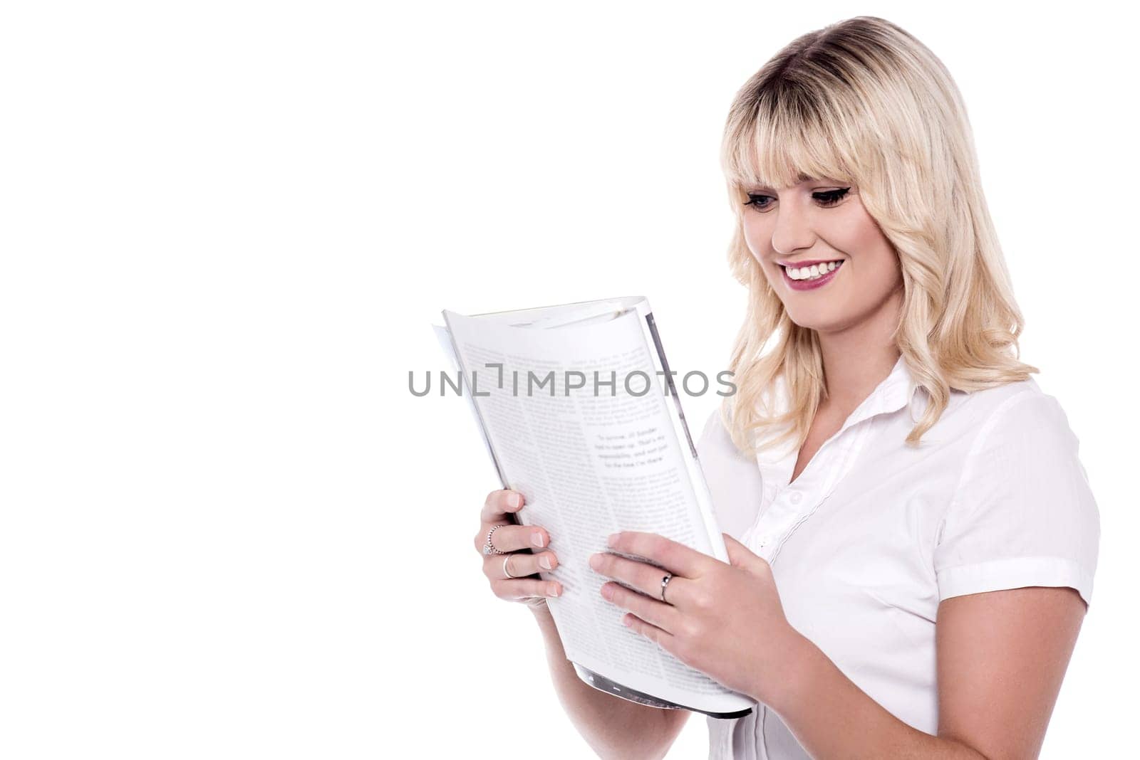 Business lady reading corporate magazine