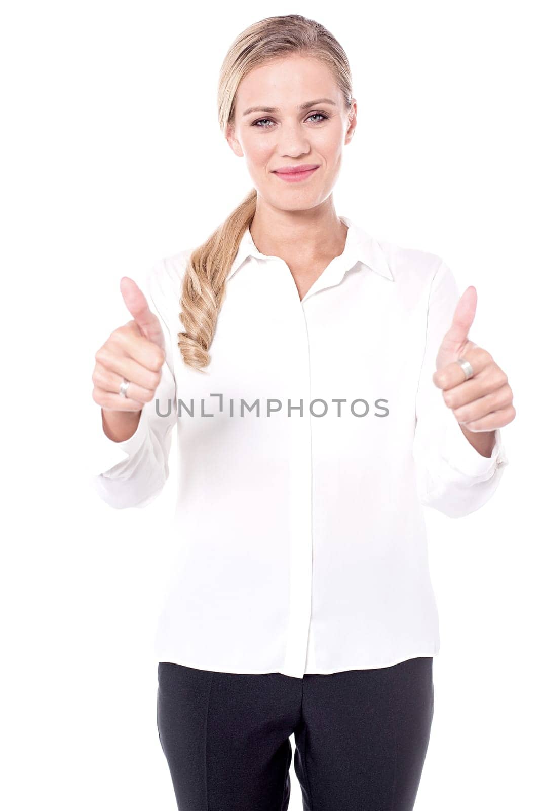 Pretty woman showing double thumbs up