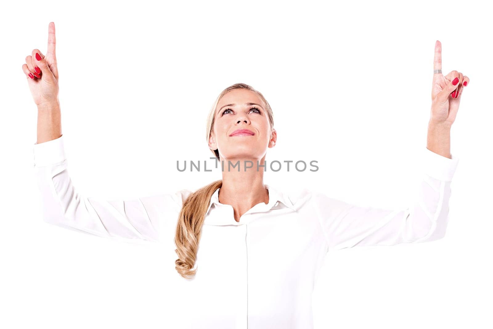 Pretty woman pointing and looking upwards