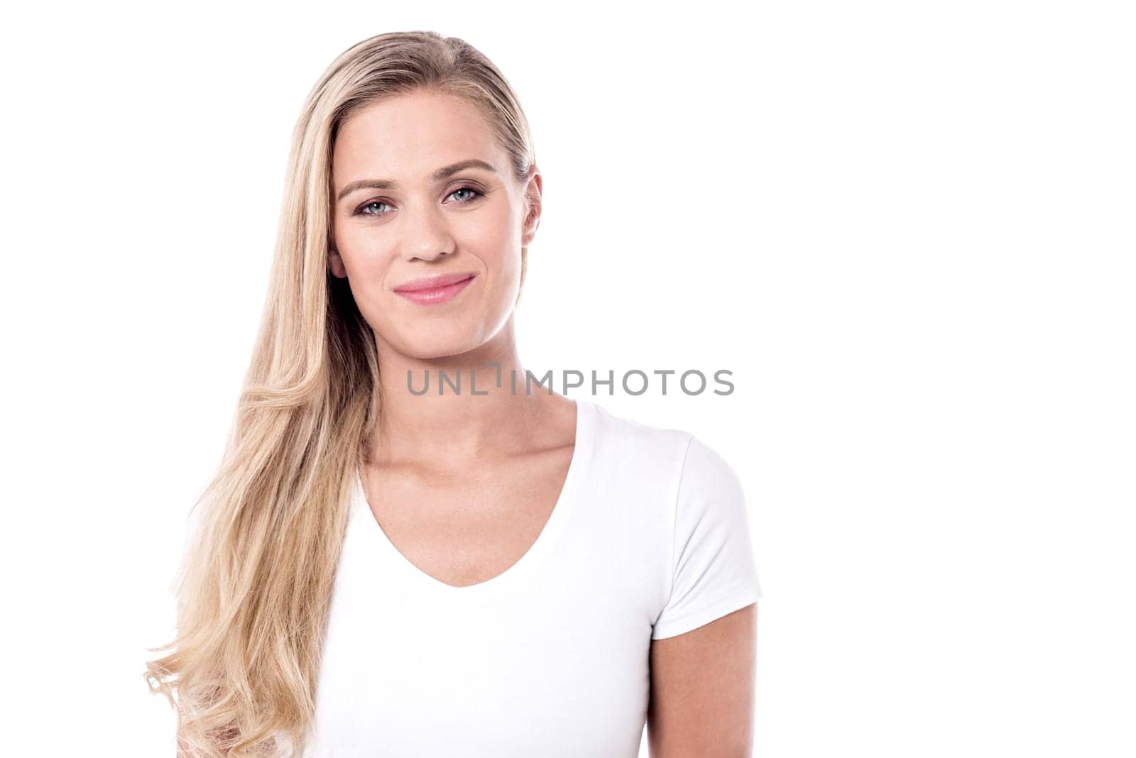 Smiling woman in casuals isolated on white
