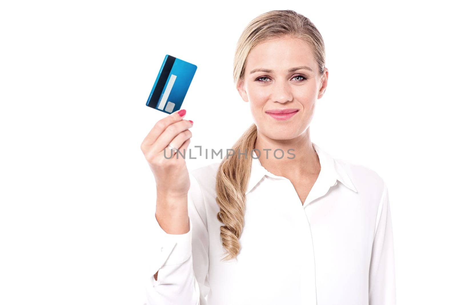 Delightful female model showing debit card