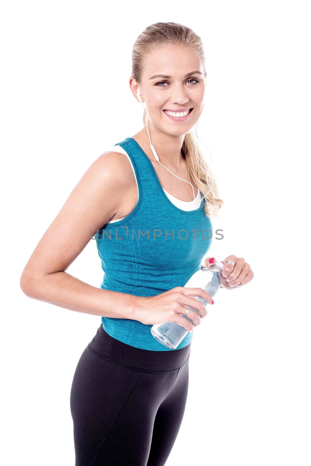 Fitness woman with water bottle, after workout.