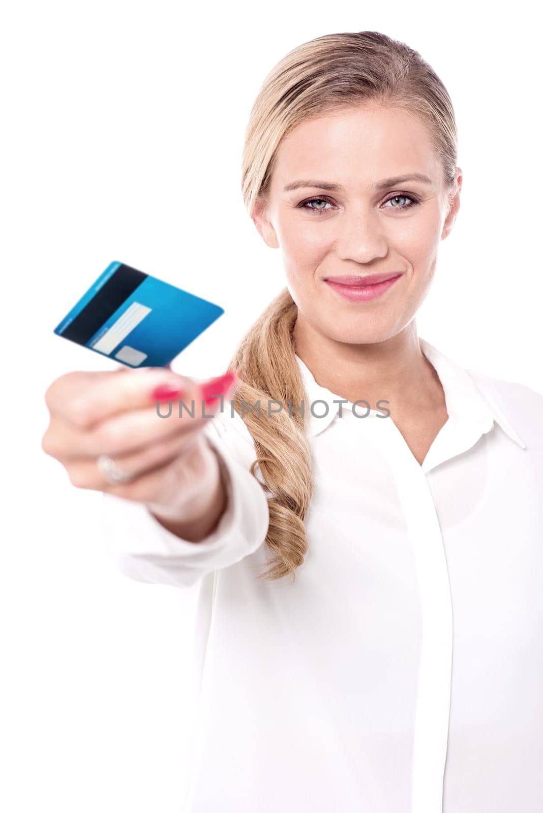 Stylish model offering you shopping card