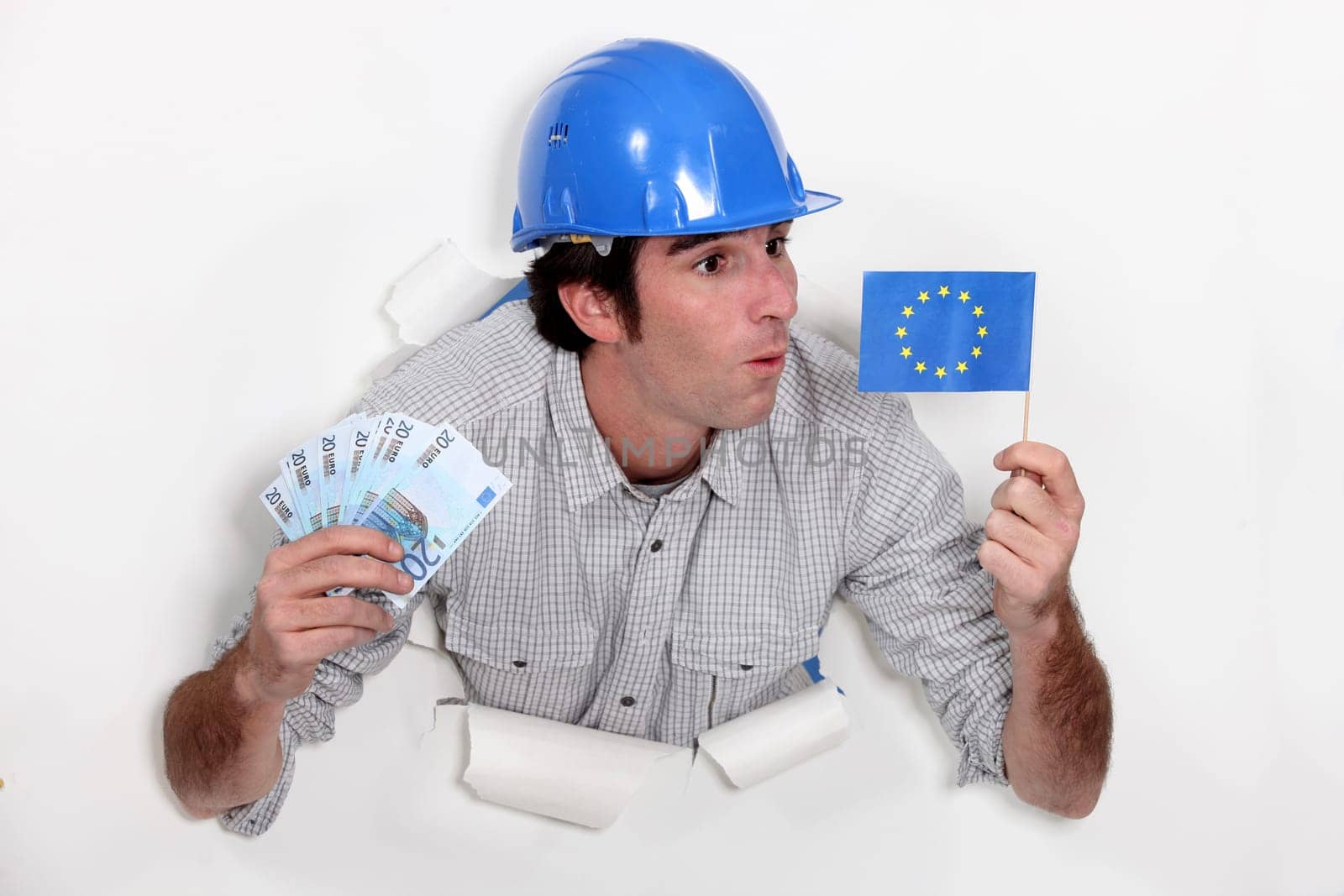 Craftsman holding european flag