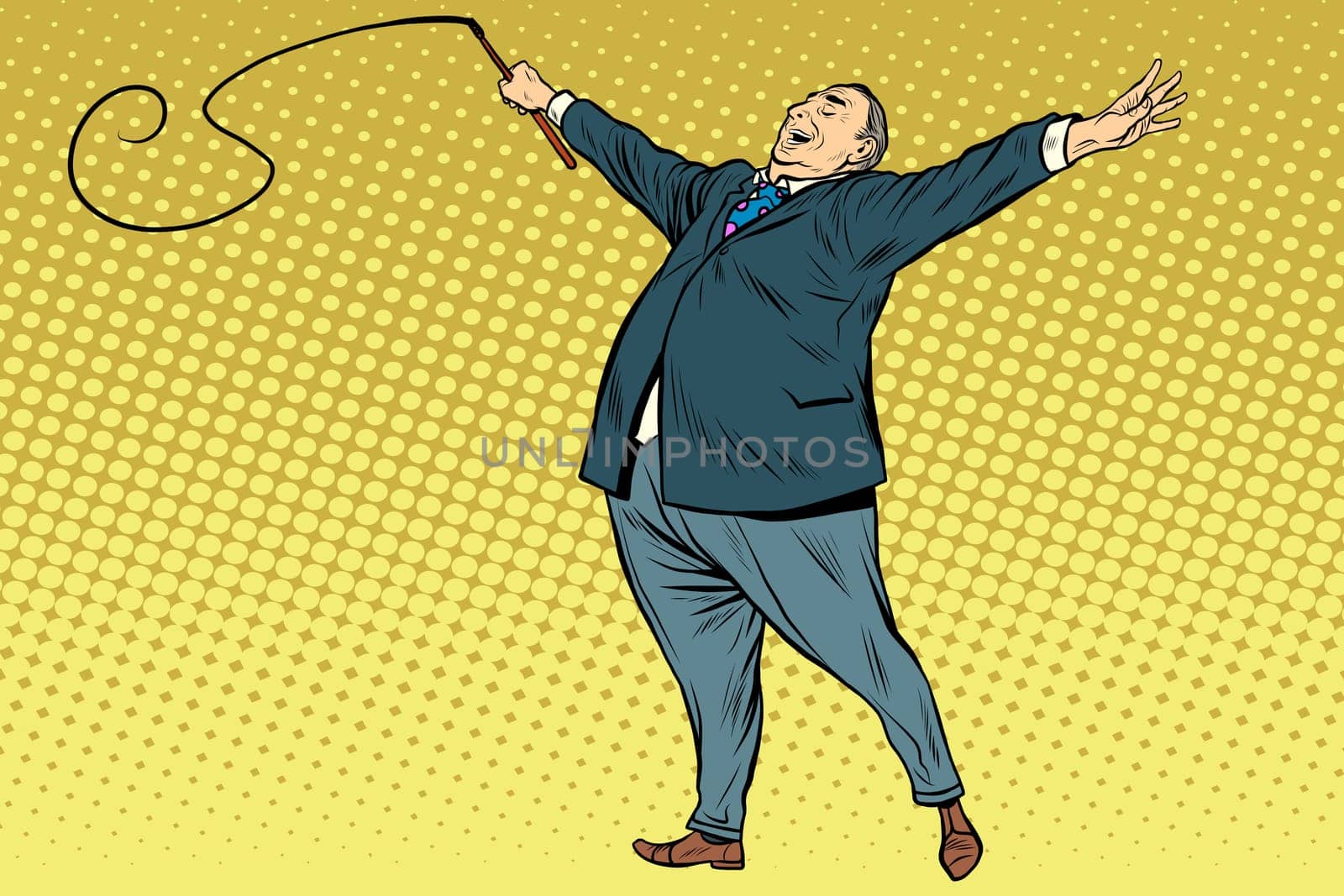 Boss trainer with a whip pop art retro style. A long circus whip. The business concept of the circus and work
