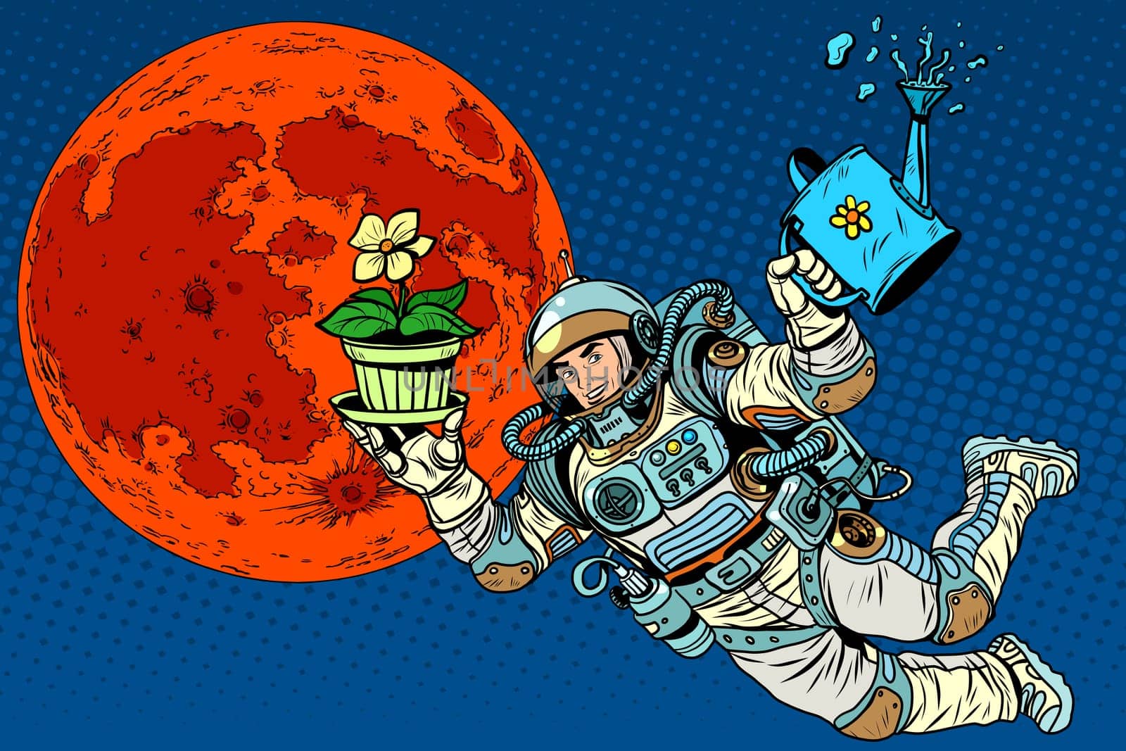 colonization Mars astronaut plants irrigation pop art retro style. Ecology and science. Agriculture and desert. Man astronaut