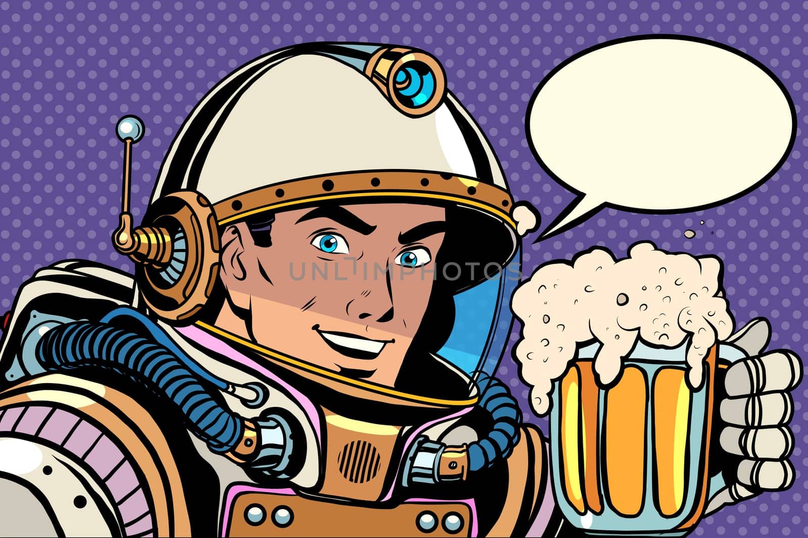 Astronaut with a mug of foaming beer pop art retro style. Kvass and beer. Bars, pubs and restaurants