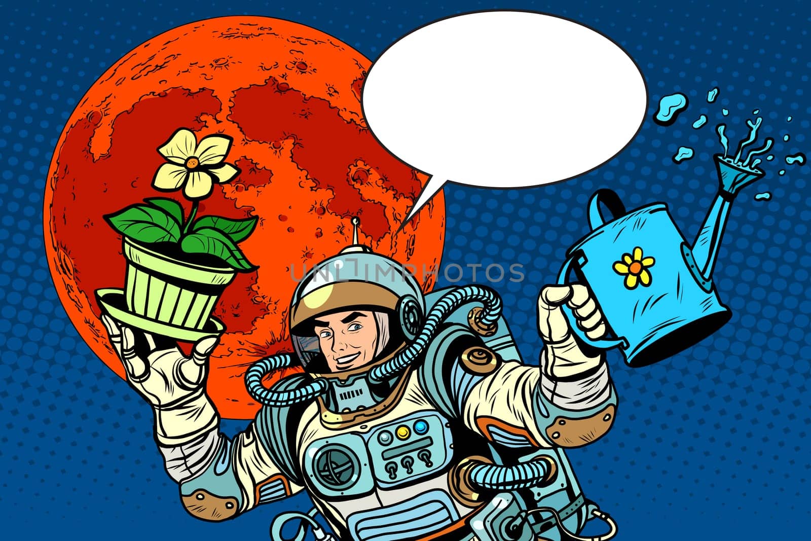 colonization Mars astronaut plants irrigation pop art retro style. Ecology and science. Agriculture and desert. Man astronaut