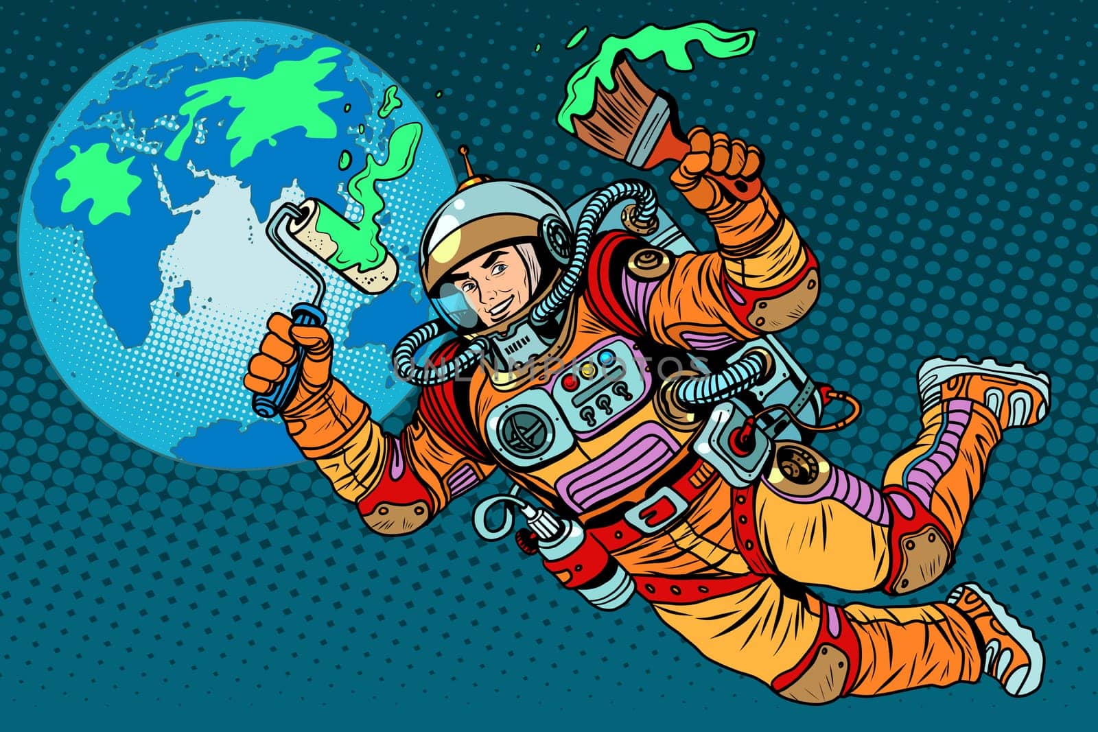 green Earth ecology astronaut pop art retro style. Caring for the environment. Space and modern technology. Earth day