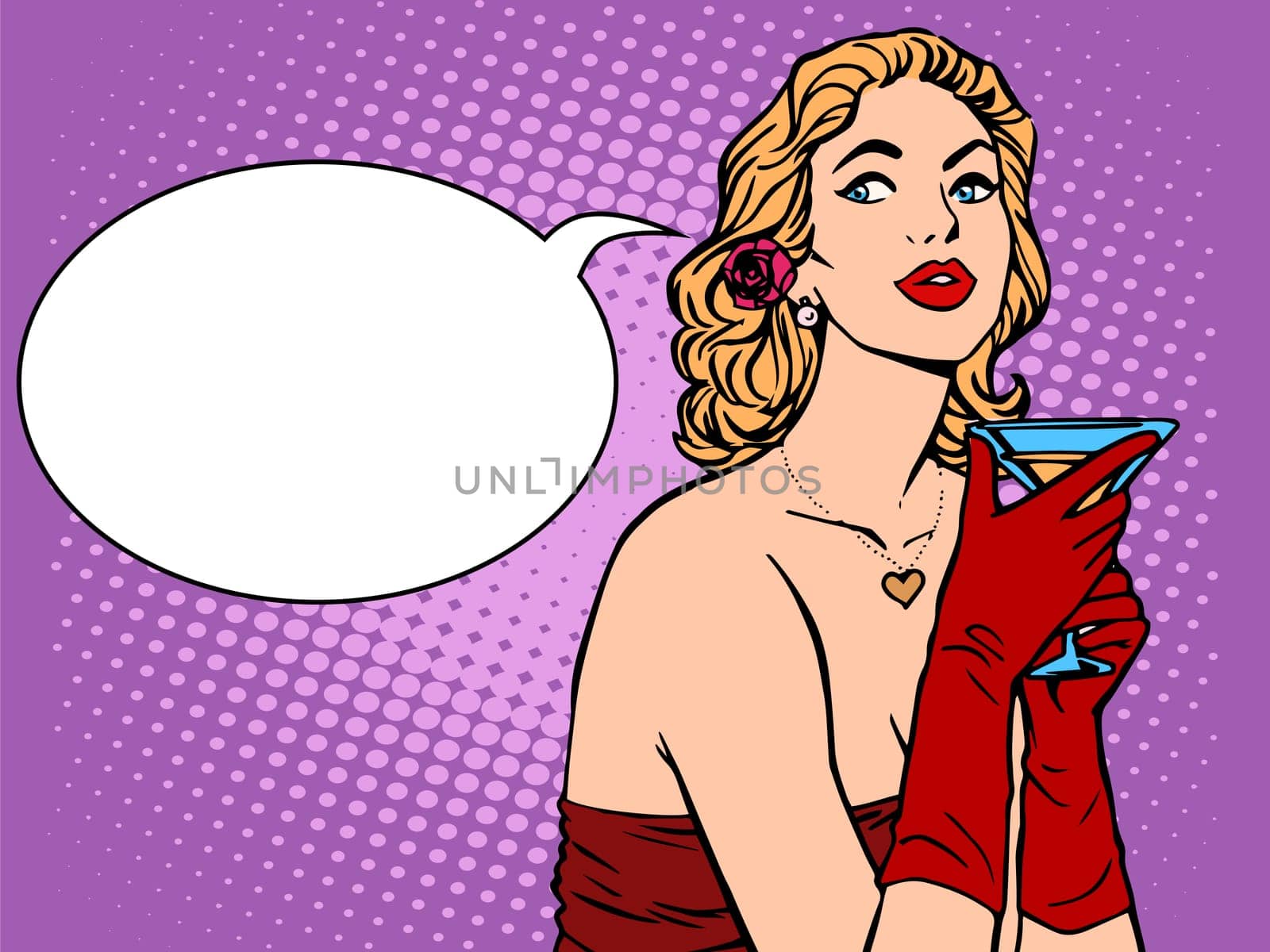 Beautiful woman in red with a drink pop art retro style. Alcoholic drink. Party celebration holiday. Beautiful girl vector illustration
