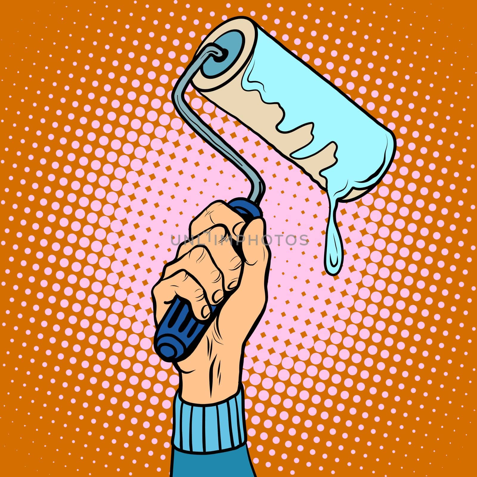 Hand holding paint roller pop art retro style. Repair and painting works