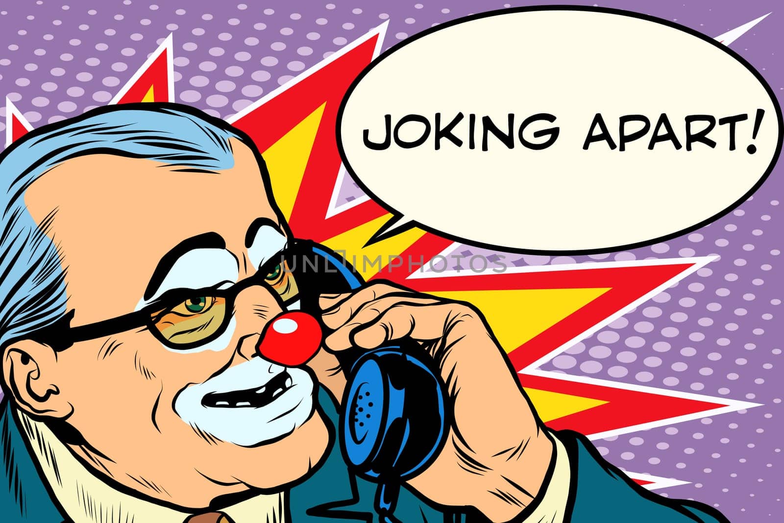 evil clown boss joking apart pop art retro style. Prank call